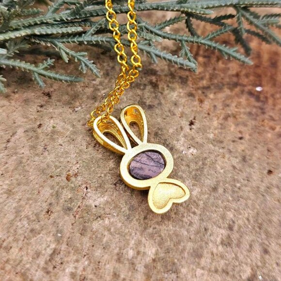 Silver Obsidian Flashy Stone Gold Matte Cute Bunny Pendant Necklace - Picture 8 of 10